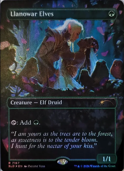 llanowar elves second newest printing as of writing, depicting two elves kissing